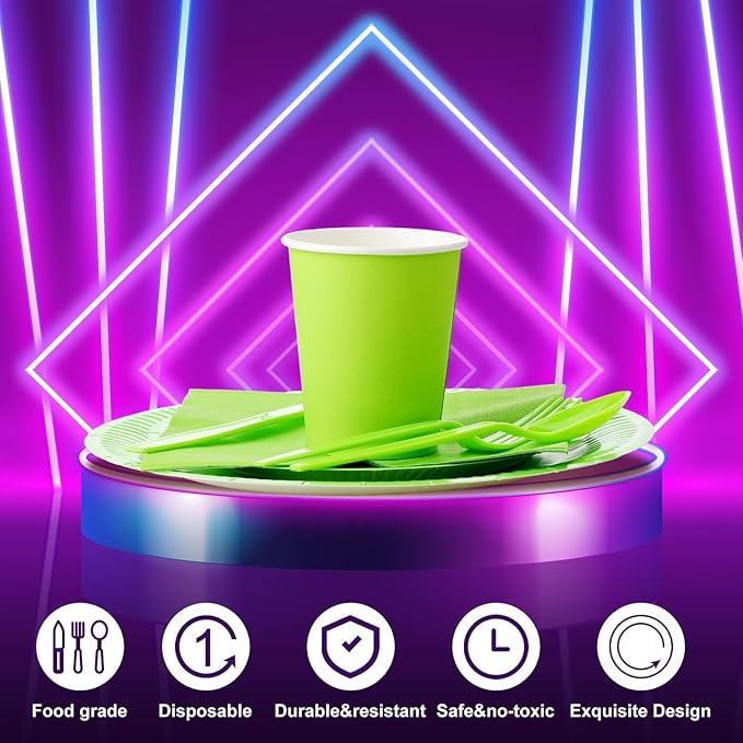 Tioncy 350 Pcs Neon Glow Party Supplies Serves 50, Including Disposable 9 Inch 7 Inch Paper Plates Napkins Cups and Plastic Forks Knives Spoons for Neon Party Decorations Fiesta Birthday Supplies