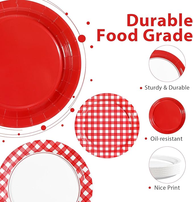 60Pcs Red Gingham Paper Plates 9" Heavy Duty Red and White Checkered Dessert Plate Disposable Plaid Solid Color Gingham Party Supplies for Summer Pizza BBQ Picnic Baby Shower Birthday Party Decoration