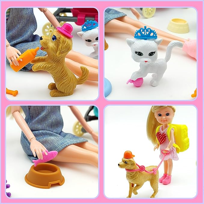 Dolls & Accessories Playset with Doll Transforming Stroller Dog Pet for Girls Ages 3-5-7-12 Birthday Gifts