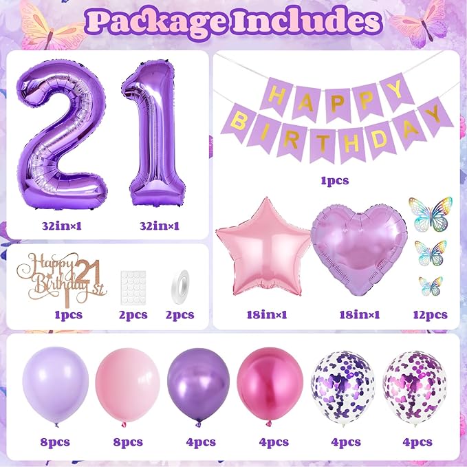 21st Purple Birthday Decorations,Pink Purple 21st Birthday Balloons for Women Butterfly Party Decor with Number 21 Balloons Cake Topper Butterfly Party Supplies for Girls 21st Party Decorations