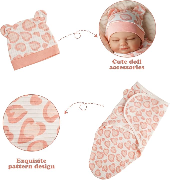 BABESIDE 4 Pcs Reborn Baby Doll Blanket with Doll Accessories Set for 17-24 Inch Babydolls, Heart Patterns Baby Doll Swaddle Blanket with Hat Gloves for Realistic Dolls Girl, Pink