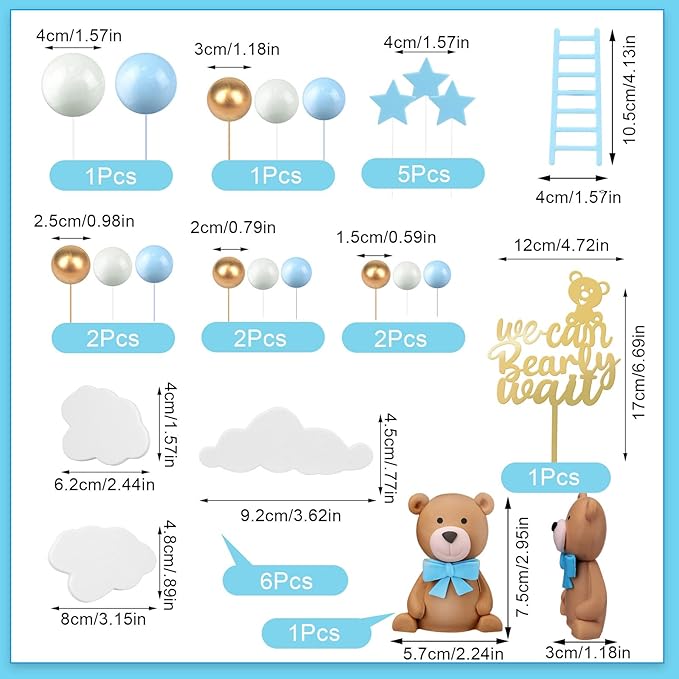 Yinder 37 Pcs Bear Cake Decoration Toppers for Baby Shower Decorations with Balls We Can Bearly Wait Happy Birthday Mini Bear Figurine Cake Party Birthday Supplies (Cute)