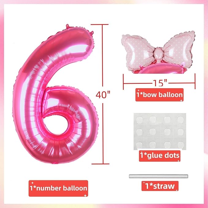 40 Inch Pink Number 6 Balloon with Mini Bow Balloon for Girls 6th Birthday Decorations, Pink Princess Western Cowgirl Theme Birthday Party Balloons Decorations Supplies