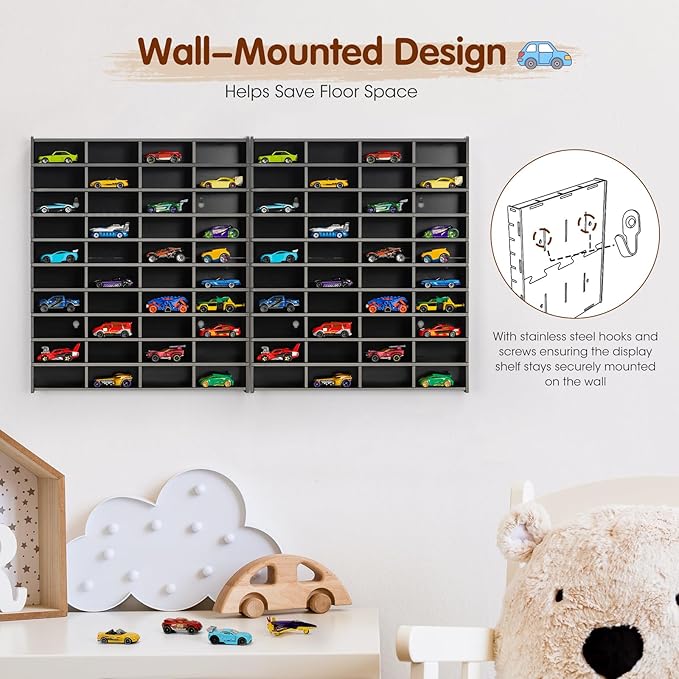 2 Pack Toy Car Display Shelf, Holds 80 Diecast 1/64 Toy Cars, Wall Mount Model Car Storage Organize Case, Black