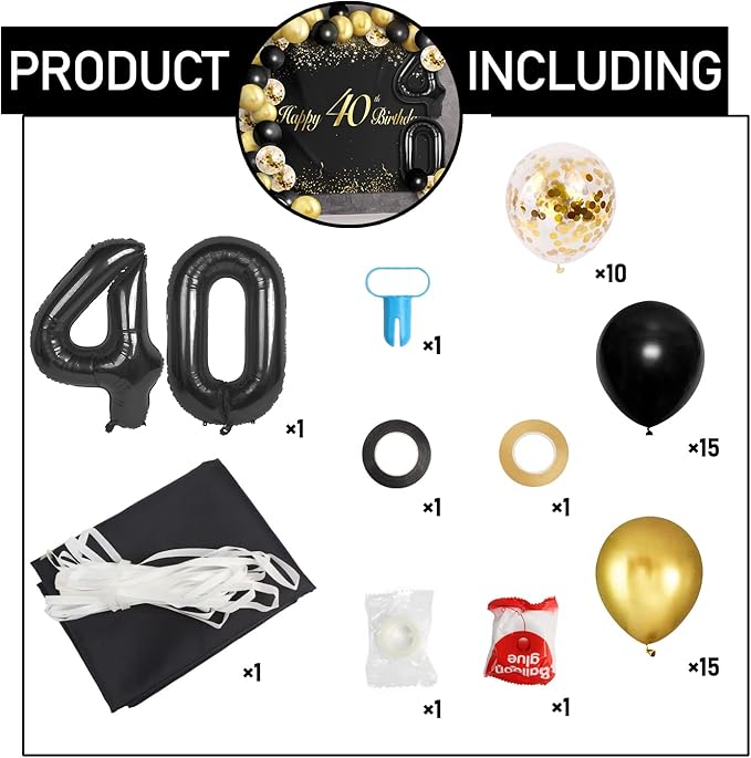 Happy 40th Birthday Balloons Black Set Decor - Cheers to 40 Years Old Party Theme Garland Banner Backdrop Decorations For Women and Men Supplies