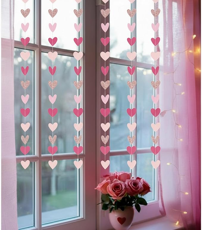 Capoda 8 Pcs Valentine's Day Garland Decorations Rose Gold Pink Burgundy Heart Garland Banners Glittery Valentines Hanging Decor for Sweet Day Birthday Wedding Anniversary Party Supplies