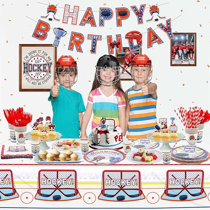 Hockey Theme Party Supplies - 61 Pcs Hockey Plates Napkins Tablecloth Set, for Kid's Hockey Fans Birthday Gameday - Serves 20