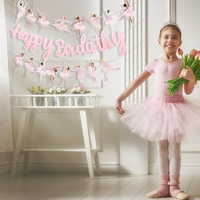 3 Pcs Ballerina Dancer Happy Birthday Banners Ballet Dancing Hanging Garland Pink Ballerina Party Decorations for Girls Women Birthday Wedding Ballet Theme Baby Shower Party Supplies