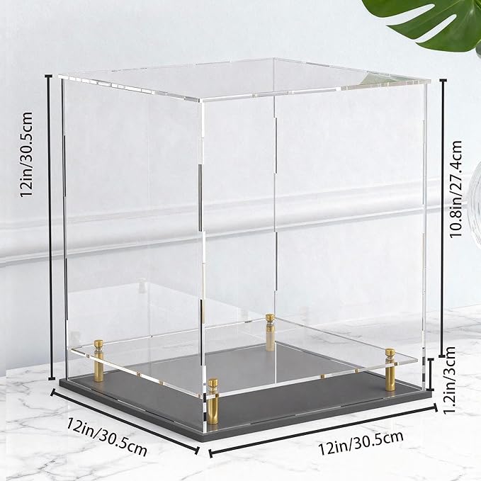 Acrylic Display Case for Collectibles, Dustproof Acrylic Box with Clear Display Elevation & Gold Risers, Large Display Case for Figures Toys Memorabilia, 12" L x 12" W x 12" H