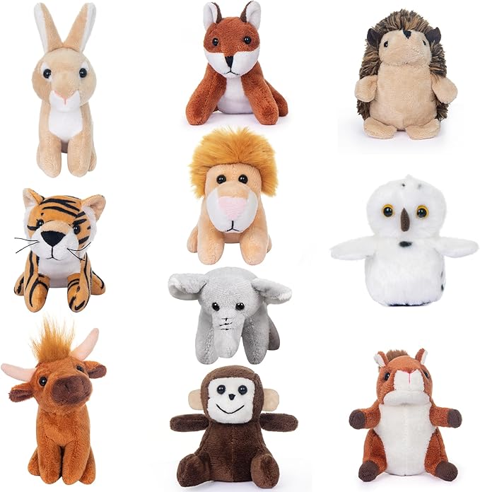 My OLi 10 Pack Plush Wild Animals Toys - 3.5 Inch Jungle Stuffed Animal Bulk Toys for Kids: Tiger Lion Elephant Monkey Hedgehog Rabbit Squirrel Owl Fox Bison, Set of 10
