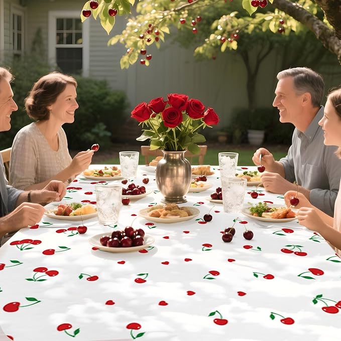 Grencian 3Pcs Cherry Tablecloth Cherry Table Cover Plastic Rectangle Fruit Theme Table Cloth for Cherries Birthday Wedding Bridal Baby Shower Party Decorations, 54 X 108 Inch