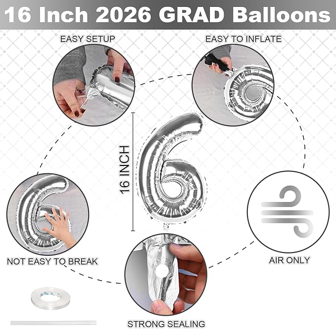 Silver 2026 GRAD Foil Balloons, 16 Inch Metallic Silver Grad Congrats Balloons Banner for Graduation Decorations 2026, College High School Class of 2026 Graduate Congratulations Party Decor Supplies