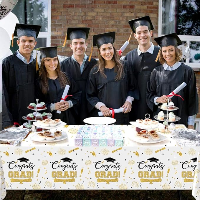 3 Pcs Graduation Tablecloth Decorations White Gold Congrats Grad Disposable Table Cover Class of 2026 Graduation Plastic Tablecloth Table Cover Decorations 108 x 54 Inch