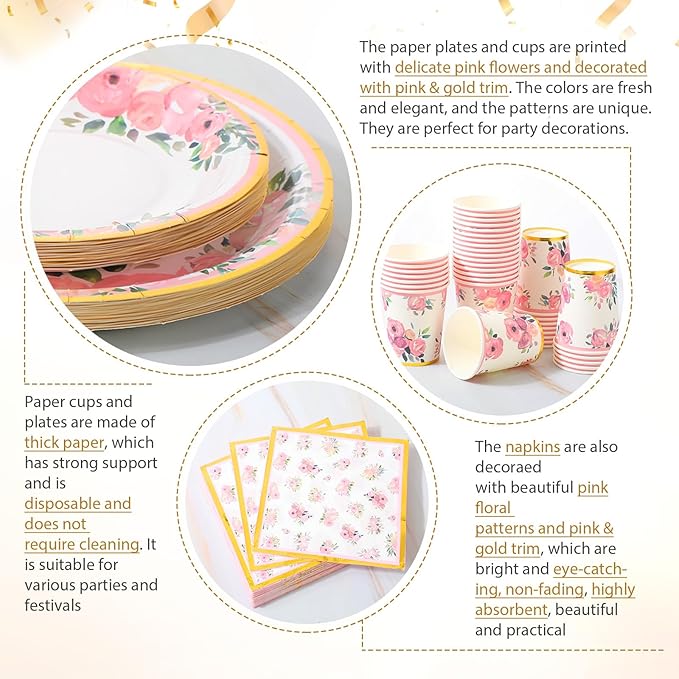 350 Pcs Floral Party Supplies Tableware Set Disposable 9'' 7'' Paper Plates 9 oz Cups Cutlery Napkins Dinnerware for Baby Shower Bridal Wedding 1st Birthday, Serve 50 (Floral, Rose Gold)