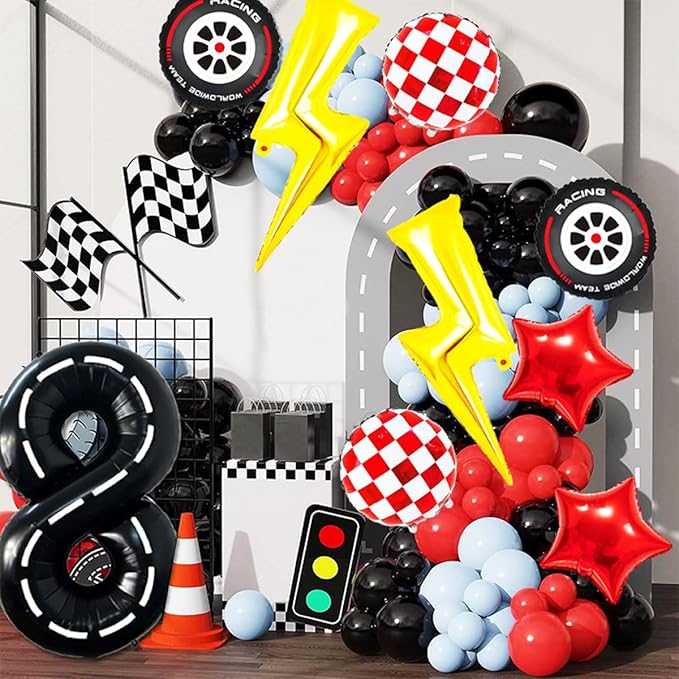 Race Car Birthday Party Decorations Large Lightning Bolt Foil Balloons Race Car Balloons 40 Inch Racetrack Number 8 Balloon for Boys 8th Race Car Birthday Party Decor Supplies