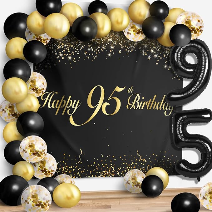 Happy 95th Birthday Balloons Black Set Decor - Cheers to 95 Years Old Party Theme Garland Banner Backdrop Decorations For Women and Men Supplies