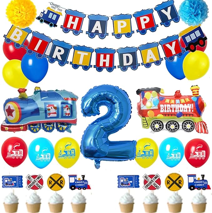 Train Birthday Party Decorations Blue Yellow Red Decorations with Railroad Balloons Garland,Train Birthday Banner,Train Balloons,Railway Cupcake Toppers (number 2nd birthday)