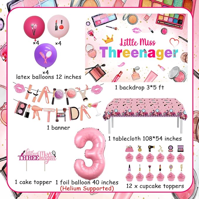 Little Miss Threenager 3rd Birthday Decorations Makeup Party Supplies for Girls 3rd Birthday Little Miss Threenager Banner Backdrop Tablecloth Makeup Cake Toppers for Spa Salon Bday