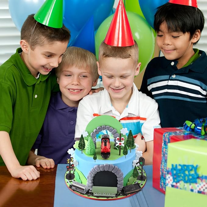Hooqict 12Pcs Train Cake Topper Birthday Party Decorations Train Cake Decorations Set with Mini Railroad Track, Traffic Light, Railroad Crossing Sign Cake Toppers for Kids Boys Birthday Party Supplies