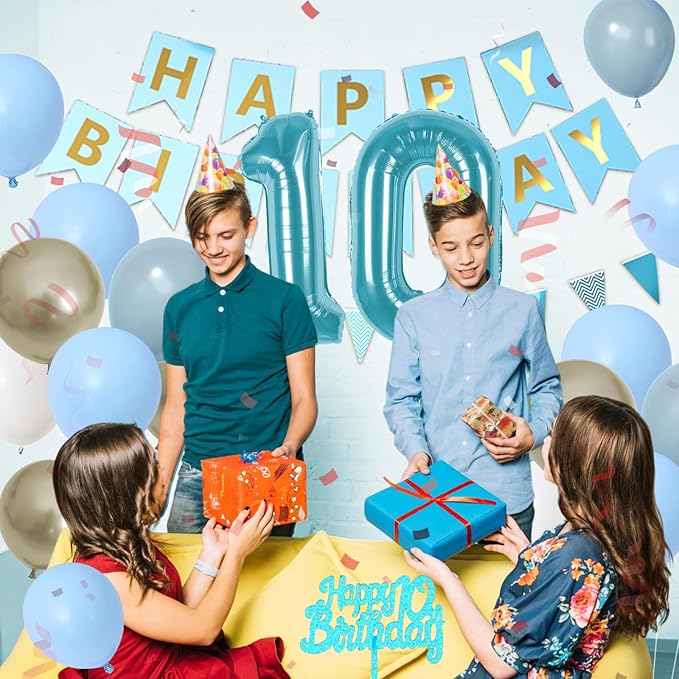 10th Birthday Decorations, Blue Happy Birthday Party Decorations With Teal Blue Number 10 Balloons Dusty Macaron Blue White Balloons Fringe Curtain Banner Cake Topper For Boy Girl Party Supplies