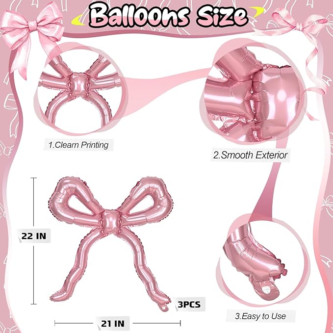 Light Pink Bow Balloons Coquette Birthday Decorations, 3pcs Giant Pearl Baby Pink Bow Foil Mylar Balloon for Girls Women Bow Themed Party Decor Baby Shower Bridal Wedding Bachelorette Party Supplies