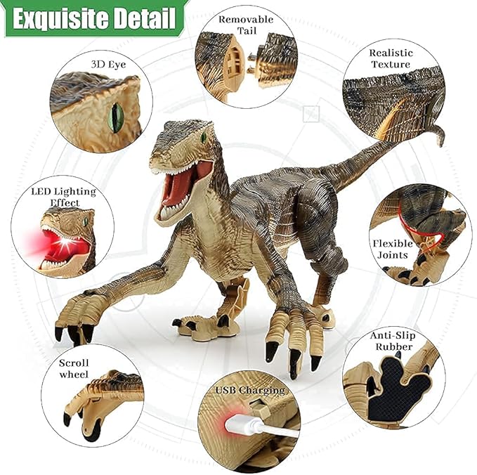 Mini Tudou Large Remote Control Dinosaur Toys 17.7",Electronic Walking Toys with LED Light Up&Realistic Simulation Sounds,2.4Ghz Velociraptor Robot Toy,RC Dinosaur Toy for Boys Kids Age 5 6 7 8 9