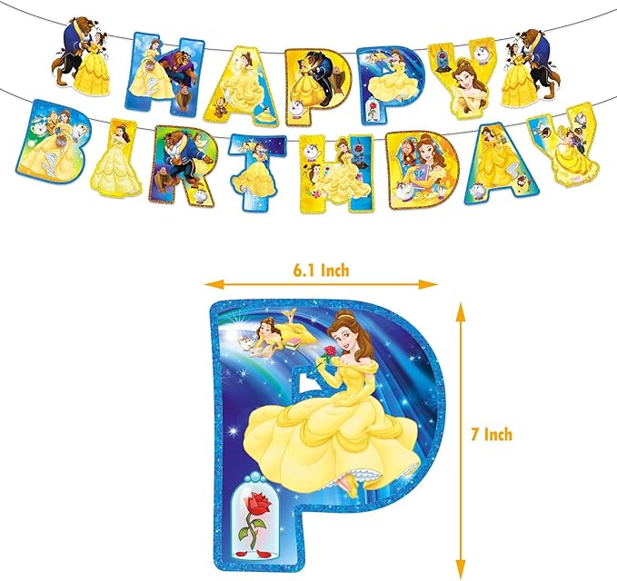 Beauty and The Beast Party Decorations(Serves 20), Princess Belle Birthday Party Tableware with Banner, Tablecloth, 20 Disposable 7" Paper Plates with Napkins for Kids Fans Birthday Party Decorations