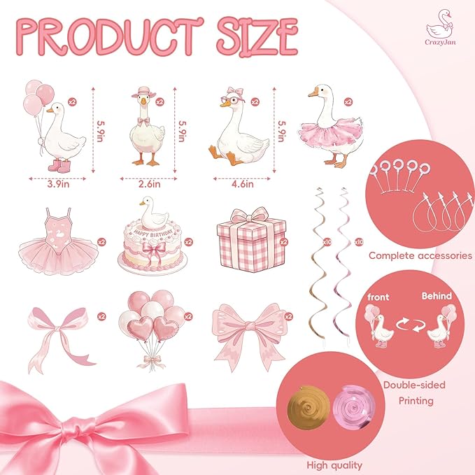 Goose Birthday Decorations One Silly Goose Hanging Swirl Decorations Pink Goose Party Supplies for Baby Girl 1st Birthday Bow Theme Baby Shower Ceiling Decor