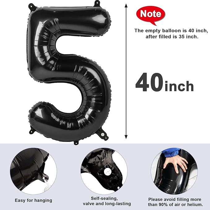 Balloon Numbers 40 Inch 5 Ballon for 5th Birthday Decorations, 15 25 35 50 Big Black Number Balloons for Wedding Photo Shoot Party Decor