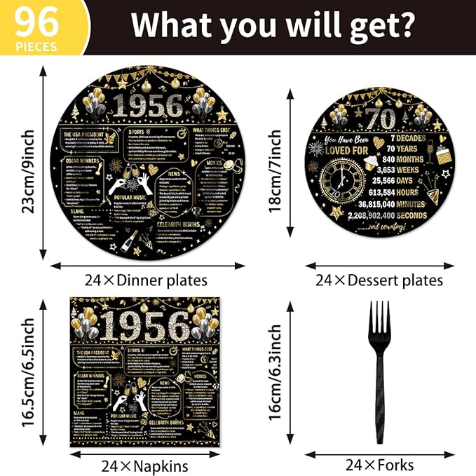 96PCS 70th Birthday Plates and Napkins Party Supplies 70th Birthday Decorations for Women Men 70th Anniversary Decorations Cheers to 70 Years Vintage Tableware Sets Serve 24 Guests