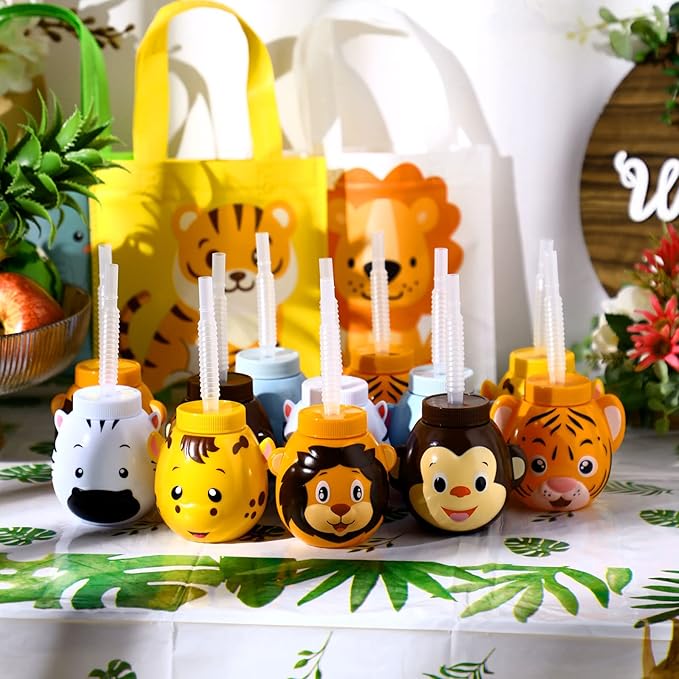 Hoolerry 12 Sets Zoo Animal Cups with Straws and Lids, 10 oz Plastic Reusable Safari Jungle Animal Theme Kids Cups for Safari Birthday Party Supplies