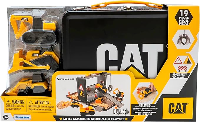CAT Construction Toys, Store N Go Playset - Tin Travel Case Transforms into Multi-Level Worksite, Includes 2 Little Machines Vehicles & 10 + Accessories, Portable STEM Toy for Kids Ages 3 +