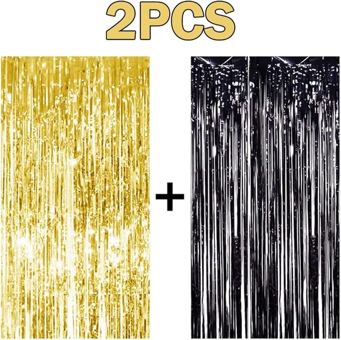 2PCS 3' X 8' Black and Gold Metallic Tinsel Foil Fringe Curtain Backdrop for 2023 New Years Eve, Halloween Party, Graduation Decoration