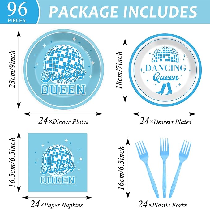 96Pcs Dancing Queen Party Supplies Dancing Queen Paper Plates Napkins Disposable Blue Disco Party Tableware Set 70s Disco 17th Birthday Dinnerware for Bachelorette Decoration Serve 24