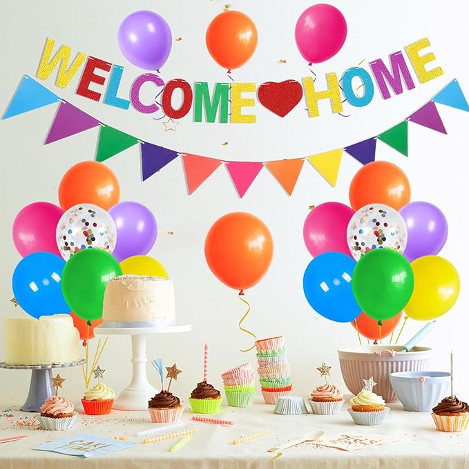 Welcome Home Decorations,Color Welcome Home Balloons Banners Set,Rainbow Welcome Home Glitter Banner with Confetti Balloons,Pennant Flag Bunting for Home Family Baby Shower Welcome Back Party Supplies