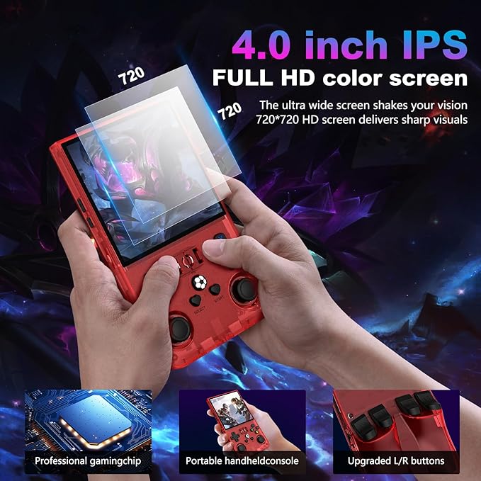 R36MAX Retro Handheld Game Console, 4.0 Inch 720x720 IPS Screen, 128GB Built-in 22000+ Classic Game, Portable Hand Held Open Source Linux System, 4000mAh Battery Retro Gaming Console(Red 128GB)