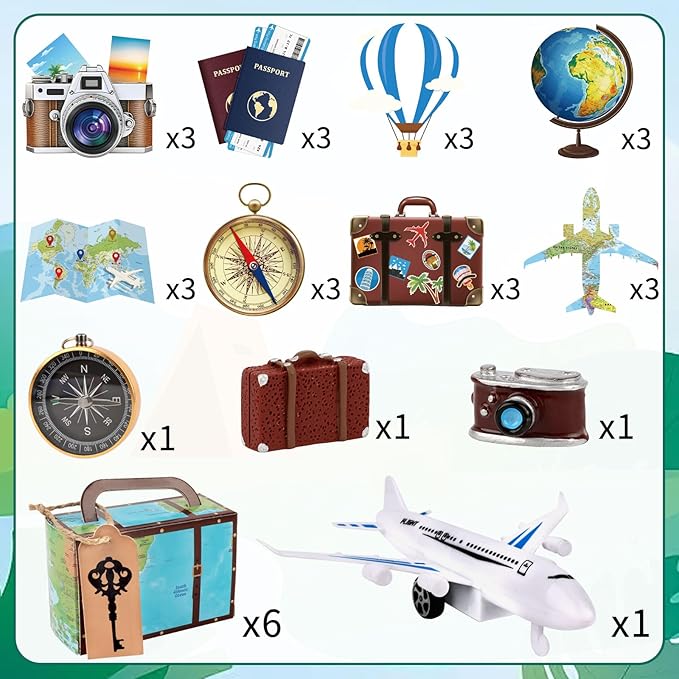 Hooqict 34 Pcs Travel Cake Topper with Mini Suitcase, Globe, Map, Airplane Cake Decorations for Travel Themed Party Decorations Let The Adventure Begin Around the World Party Supplies