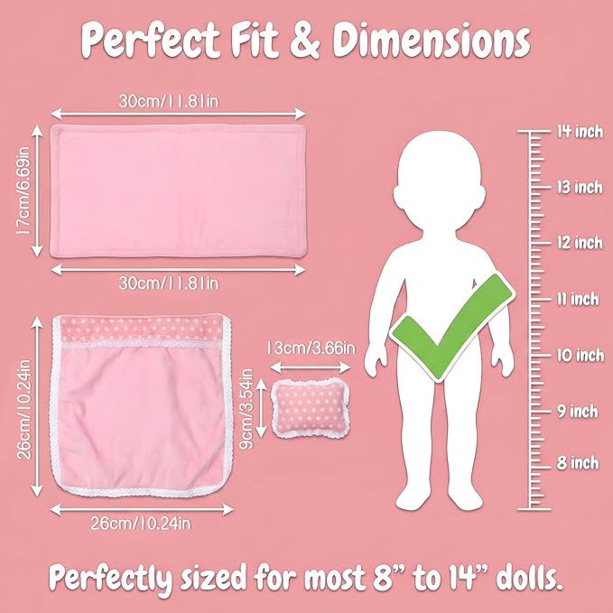 3Pcs Baby Doll Accessories Dolls Bedding Kit Playset Soft Pink Polka Dot Baby Doll Blanket Mattress Pillow Fits 8-12 Inches Dolls for Girls Dollhouse Gifts Bedding Accessories