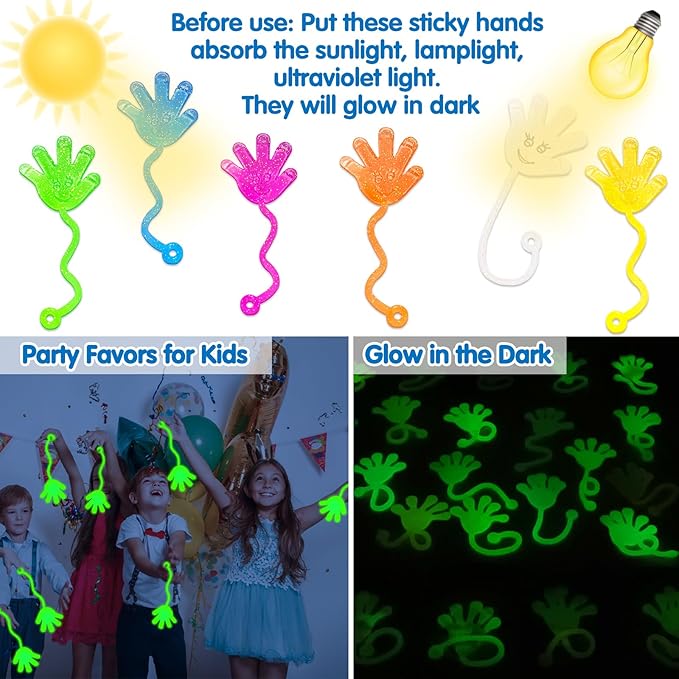20Pack Glow in Dark Glitter Sticky Hands Party Favors for Kids Easter Egg Fillers Basket Pinata Goodie Bag Stuffers Classroom Prizes Birthday Stretchy Treat Trinkets Treasure Box Bulk Toys