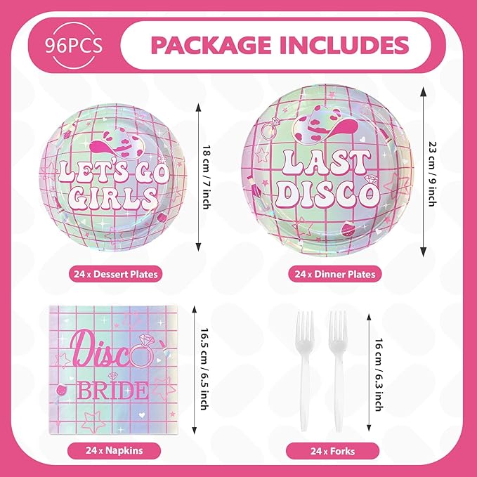 96Pcs Last Disco Bachelorette Party Decorations Disco Ball Bachelorette Plates and Napkins Set Lets Go Girls Bride to Be Decoration for Disco Bridal Shower Wedding Engagement Party Supplies Serves 24