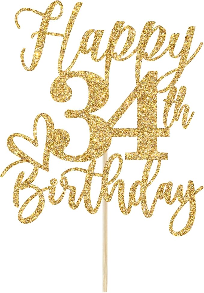 Happy 34th Birthday Cake Topper, 34th Birthday Decorations, Cheers to 34 Years, 34 Happy Birthday Party Supplies Gold Glitter