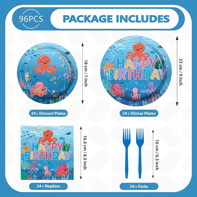 96Pcs Octopus Birthday Party Decorations Under the Sea Plates and Napkins Cute Octopus Ocean Animal Tableware Set for Cute Sea Animals Birthday Baby Shower Supplies, Serves 24