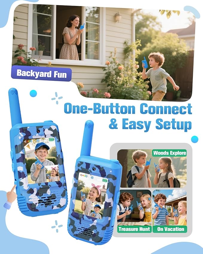 Video Walkie Talkies for Kids with Voice Changer, 2 Pack Rechargeable Kids Walkie Talkies, Outdoor Play Toys Birthday Gifts for 3-12 Year Old Boys Girls, Camping Hiking Family Games