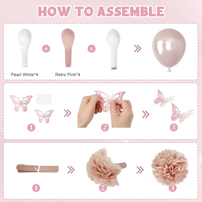 Boho Dusty Pink Birthday Decorations for Women Girls, Blush Beige Gold Metallic Printed Balloons Butterfly Stickers Fringe Curtain Happy Birthday Banner Circle Dots Garland Paper Pompom Party Supplies