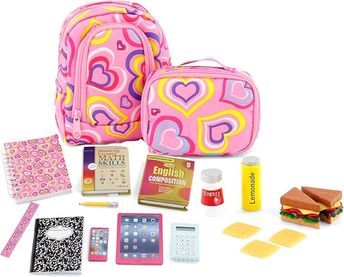 Emily Rose 18-Inch Doll School Essentials 18-PC Set - Backpack, Lunch Box & Working Calculator with Pretend Food - Premium USA Brand - Compatible with American Girl Dolls