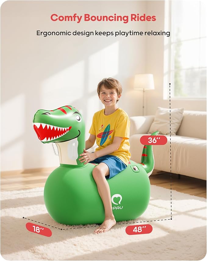 QPAU Infatable Bouncy Toys with Hand Pump, Heavy Duty Giant Bouncy Pal, 220lbs Load Capacity, Ride On Bouncy Animal Hopper Toy, Indoor Outdoor Bouncers for Kids Girls Boys Ages 5+ (Dinosaur, 1 Pack)