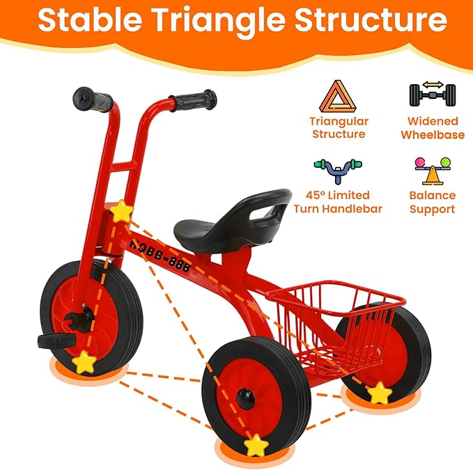 Kids Tricycle for Ages 3-8, Adjustable Seat Kids Trike, Preschool Daycare Toddler Tricycle Bike with Rubber Wheels and Storage Basket, Gifts and Toys for Boys and Girls