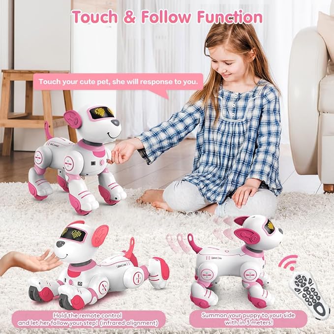VATOS Remote Control Robot Dog Toy for Kids - Interactive Touch & Follow 17 Functions Robot Dog Pet, Programmable Smart Walking Puppy Intelligent Dancing RC Robot Toys for Girls 3-12 Birthday Gifts