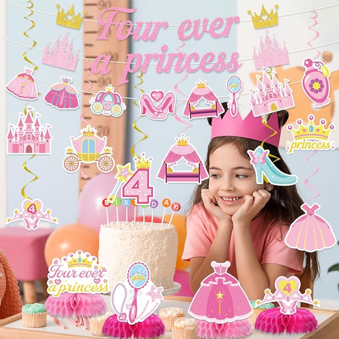 Princess 4th Birthday Party Decorations for Girls Include Four Ever a Princess Glitter Banners Hanging Swirls Honeycomb Centerpieces Pink Fourever Theme 4 Years Old Birthday Party Supplies