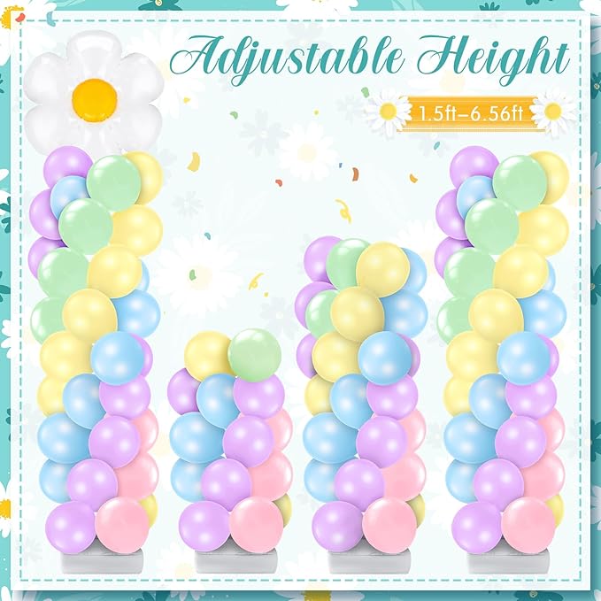 Kasyat 2 Sets Daisy Pastel Party Balloon Column Stand Kit, Adjustable Groovy Balloon Arch Stand Kit for Macaron Boho Summer Daisy Floral Theme Easter Party Decoration